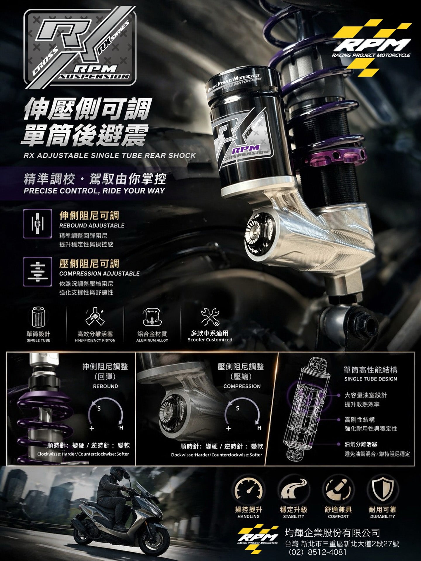 RX adjustable compression gas front fork and rear shock absorber